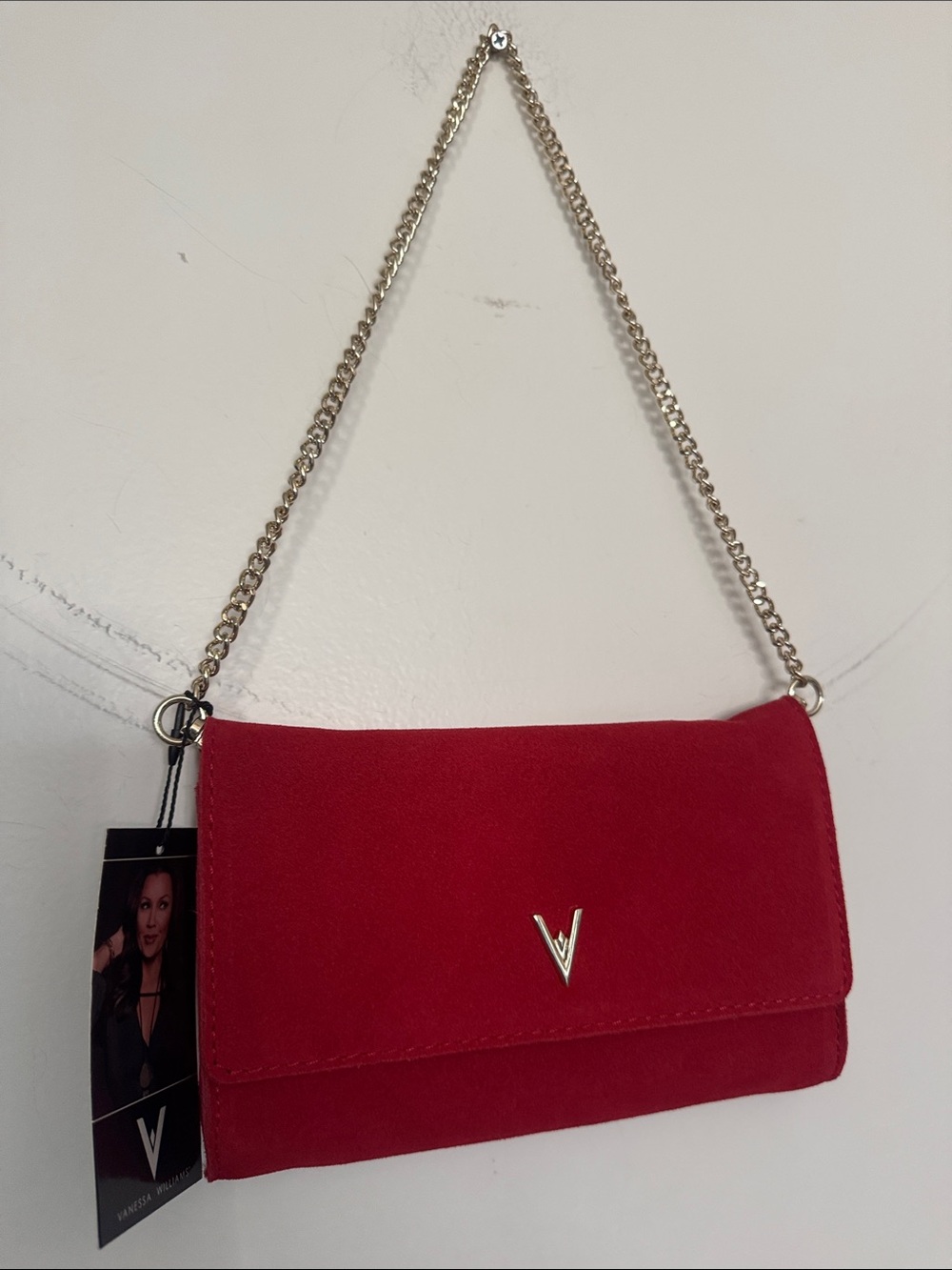 Vanessa Williams Red Suede Clutch with Gold Chain